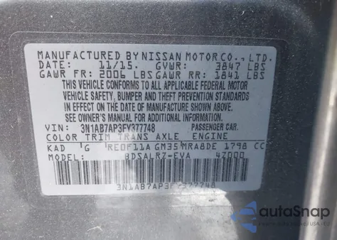 2015 Nissan Sentra Sr z USA, uszkodzony, nr VIN 3N1AB7AP3FY377748